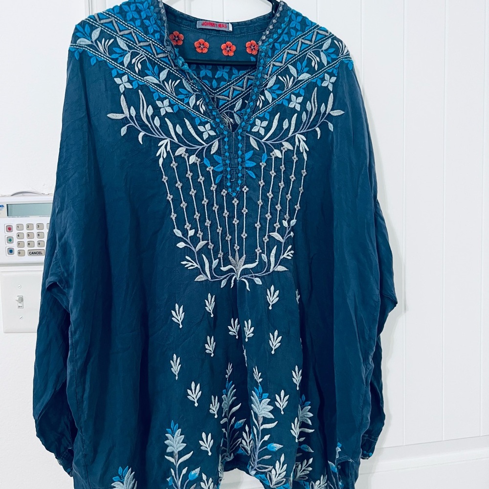 Johnny Was Blue Embellished Long Sleeve Tunic